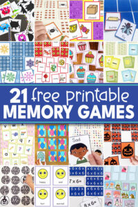 collage of free printable memory games for kids
