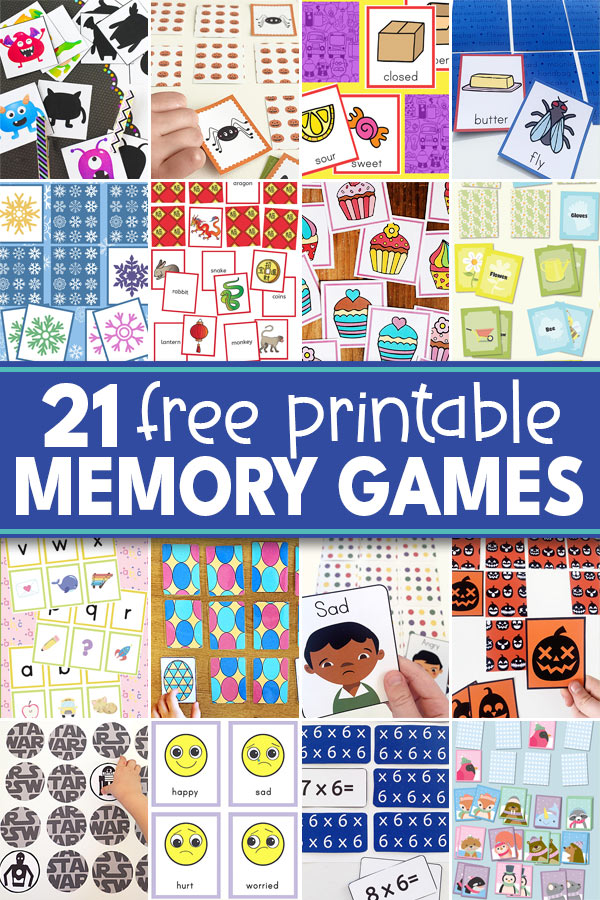collage of free printable memory games for kids